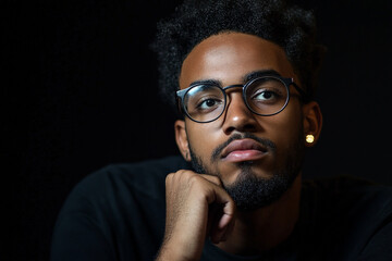 Obraz premium A young African American man with glasses and a beard rests his chin thoughtfully on his hand while gazing into the distance. The dark backdrop adds depth to his contemplative mood, emphasizing his