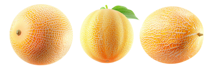 A ripe and juicy cantaloupe melon isolated on a white transparent background, highlighting its textured skin.