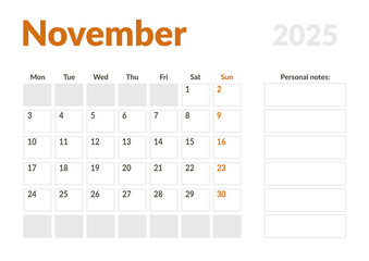 Monthly page Calendar Planner Template of November 2025. Vector layout of calendar with week start Monday for Scheduling. Page for size A4 or 21x29.7 cm
