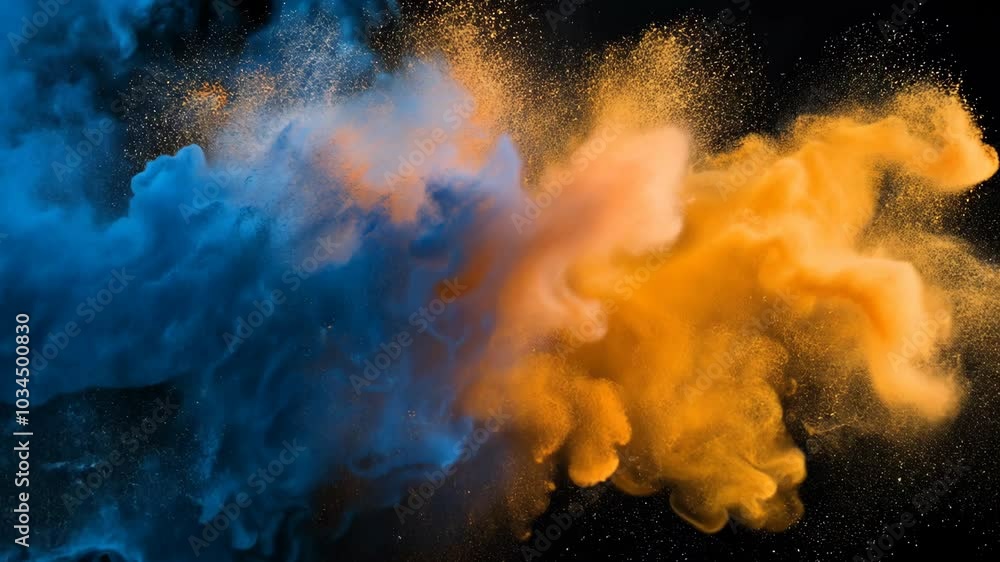 Poster blue and orange powder explode against a black background, creating a dynamic abstract image