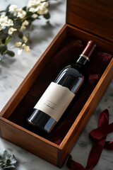 A bottle of red wine nestled inside a beautifully crafted wooden gift box, with a silk ribbon tied around the box. The bottle sits securely in protective padding, showcasing the perfect presentation