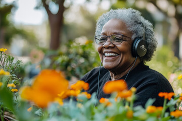 A vibrant senior Black woman enjoys a sunny day in her garden, headphones in place, as she listens to classic tunes. Her joyful laughter resonates through the flowers, capturing the essence of