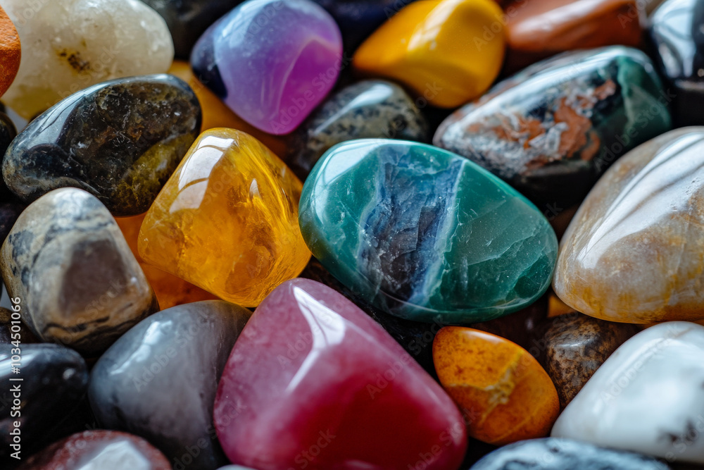 Aufkleber a close-up view of a vibrant collection of smooth stones in an array of colors, shapes, and sizes. t
