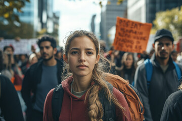 Fototapeta premium Migrants, young and old, rally on a busy street, their banners calling for better treatment and equality. The diverse group is filled with energy and resolve, creating a powerful image of unity.
