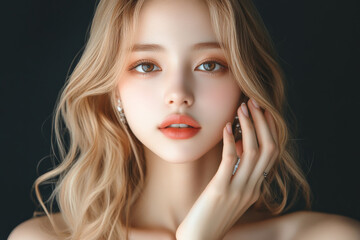 A young Japanese woman with wavy blonde locks poses confidently with her hands adorned in fine jewelry. Her expertly done makeup accentuates her soft facial features, all against a simple, minimalist