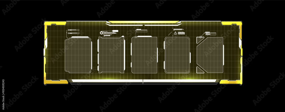 Aufkleber futuristic control panel design illuminated in yellow with five blank display areas against a black 