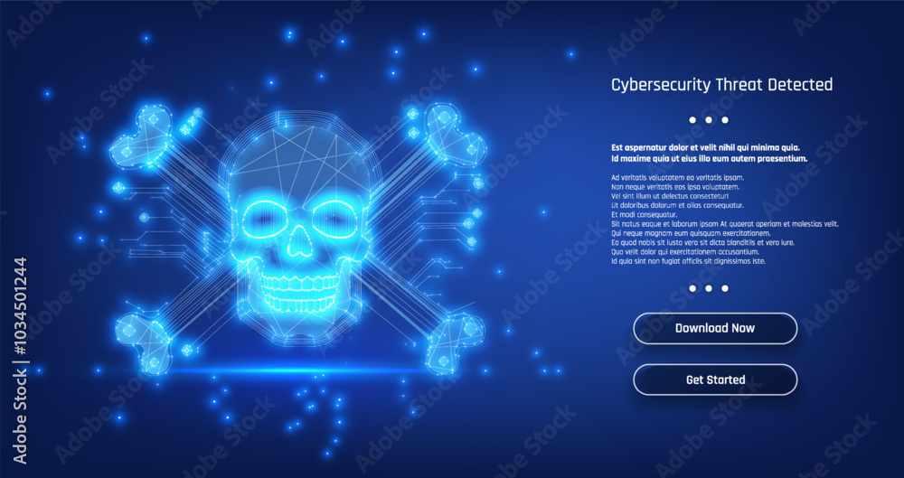 Poster cybersecurity threat detection interface with a digital skull and glowing blue elements on a tech-th