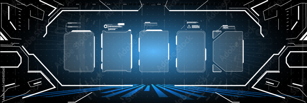 Poster futuristic digital interface with empty information panels and abstract patterns in a high-tech envi