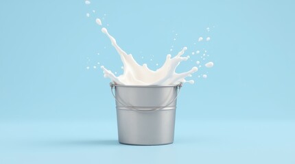 A metallic bucket overflowing with milk creates dynamic splashes against a light blue backdrop in a playful indoor setting