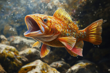 Fototapeta premium A brightly colored fish leaps into the air, its wide-open mouth pointing towards the sky, with sunlight shining on its scales. The rocky shoreline below adds a natural texture to the scene.