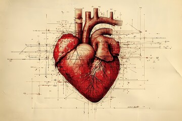 A vintage anatomical illustration of the human heart with technical sketches.