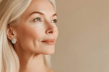 Naklejka premium A senior Caucasian blonde woman wears dazzling earrings, her ear gently pressed against a beige backdrop. The luxurious jewelry stands out against her soft, glowing skin, and the paper-like texture