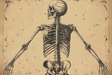 Vintage anatomical illustration of a human skeleton.