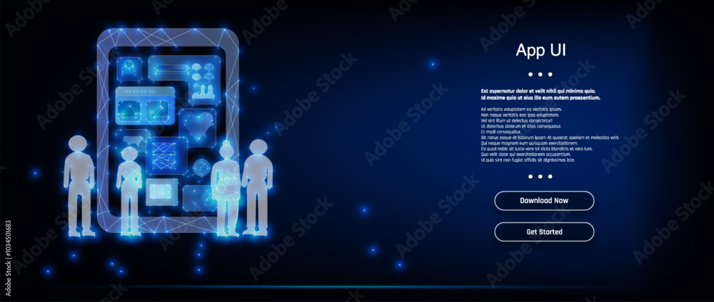 Poster modern application user interface design with digital elements and a call to action for downloading 