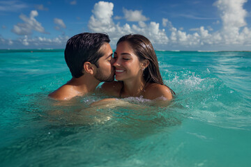 Fototapeta premium An attractive Hispanic couple shares a passionate kiss while swimming in the ocean, their joy radiating under the bright sun. The clear blue waters and gentle waves provide the perfect backdrop for