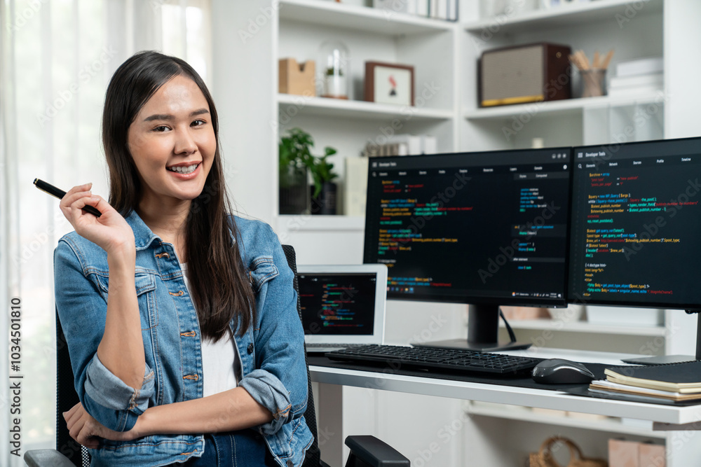 Poster young asian in it developer looking at camera to present with online information on pc with coding p