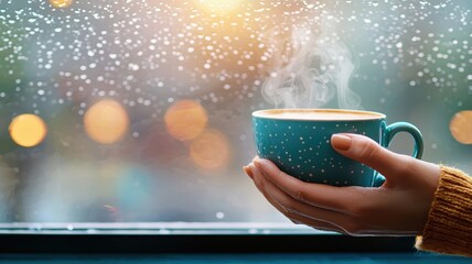 Cozy Coffee Break - Hands Holding Steaming Cup by Foggy Window