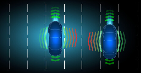Visual representation of vehicle sensor technology and lane detection systems during night driving scenarios