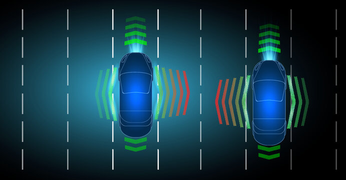 Visual representation of vehicle sensor technology and lane detection systems during night driving scenarios