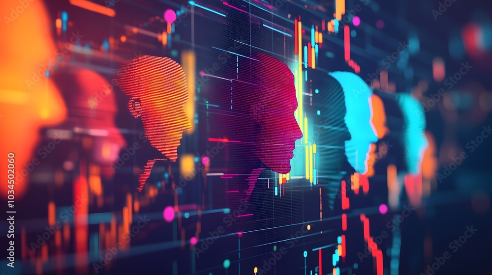 Poster abstract digital profile silhouettes with neon lights and data patterns