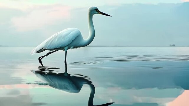Elegant egret with reflection in still water, Video