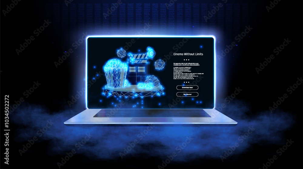 Poster a futuristic laptop displaying a glowing interface with cinematic elements set against a dark backgr