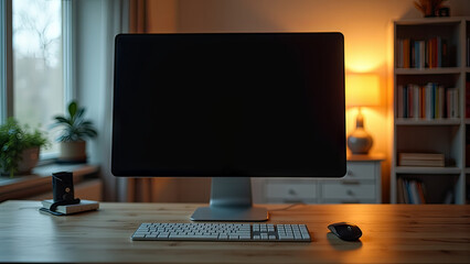 Generative, AI, A modern workspace with a computer monitor, keyboard, mouse on a wooden desk.

