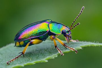 Fototapeta premium Vibrant iridescent beetle perched on a leaf showcasing a spectrum of colors, macro photography