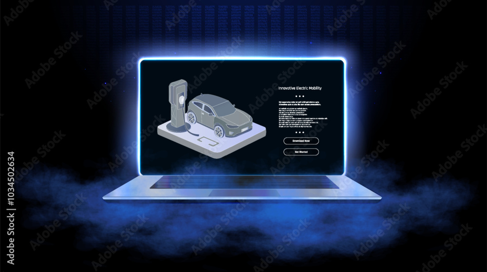 Poster conceptual design of an electric car charging station displayed on a laptop screen with a high-tech 