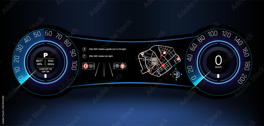 Aufkleber futuristic car dashboard display showing navigation and speedometer during nighttime driving