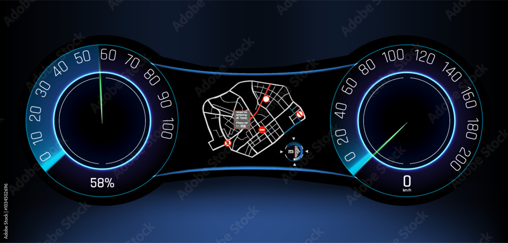 Poster high-tech dashboard display showcasing real-time navigational information and performance metrics at