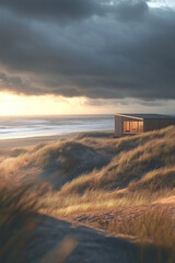 This stunning scene features a contemporary wooden house nestled among picturesque sand dunes, with the vast ocean visible in the background. The house's large windows reflect the sun's warm glow,