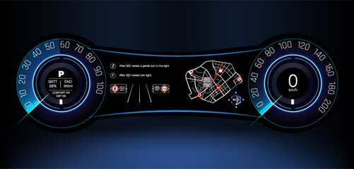 Futuristic car dashboard display showing navigation and speedometer during nighttime driving