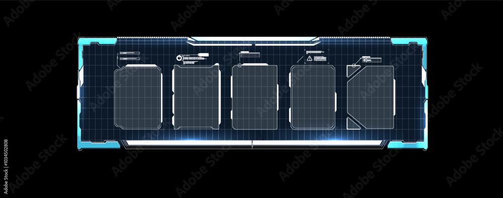 Poster futuristic digital interface design showcasing multiple data panels in a dark environment with glowi