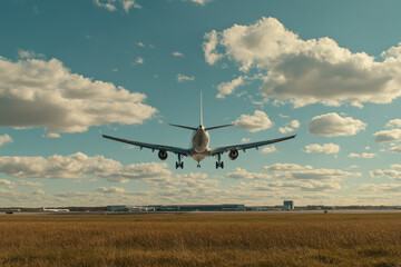 Naklejka premium A majestic passenger plane glides through the sky, preparing to land on a runway below. The scene is framed by a clear blue sky and scattered clouds, with the airport terminal visible in the distance,