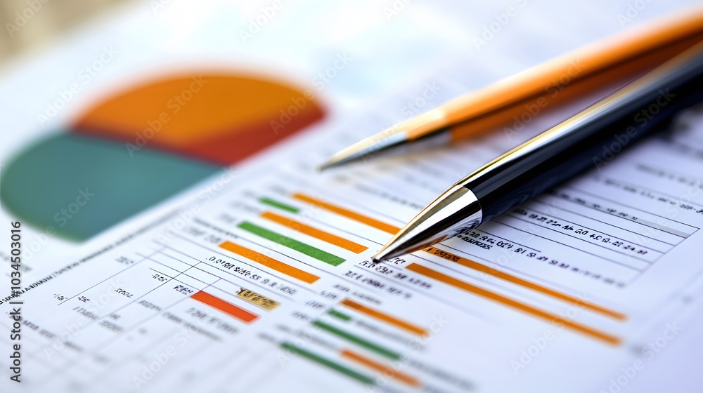 Poster a silver pen on a page of data with bar graphs and pie charts