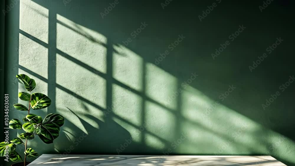 Poster sunlight streams through a window, casting patterned shadows on a green wall