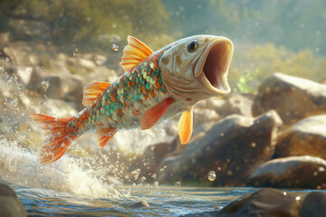 In mid-air, a fish with a wide-open mouth is captured leaping out of the water. Bright sunlight reflects off its colorful scales, while the rocky shoreline creates an earthy, rugged background.