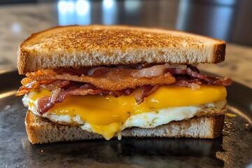 A sandwich made with egg, bacon and cheese