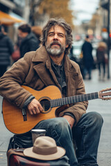 A middle-aged Caucasian man with a scruffy beard strums his guitar while seated on the pavement, surrounded by city dwellers passing by. A hat and coffee cup sit in front of him, indicating his street