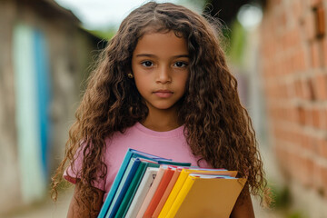 A young Brazilian girl with long, curly hair, wearing a pink t-shirt, holds an armful of colorful notebooks as she stands outside her school. Her expression is full of anticipation, showing sheâ€™s