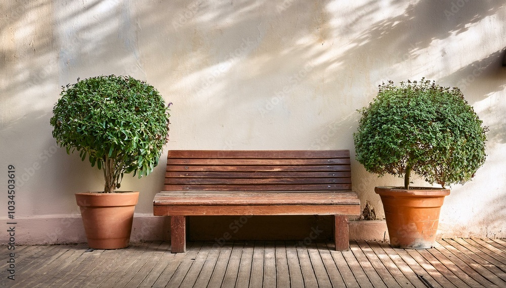 Wall mural a wooden bench with two potted plants on either side