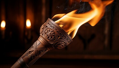 a wooden torch with a carved design and a flickering flame