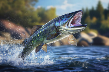 Obraz premium A wide-mouthed fish jumps above the water, its vibrant colors catching the sunlight. The rocky shoreline in the background contrasts sharply with the sparkling water below.