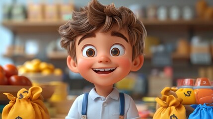Smiling Boy with Money Bags
