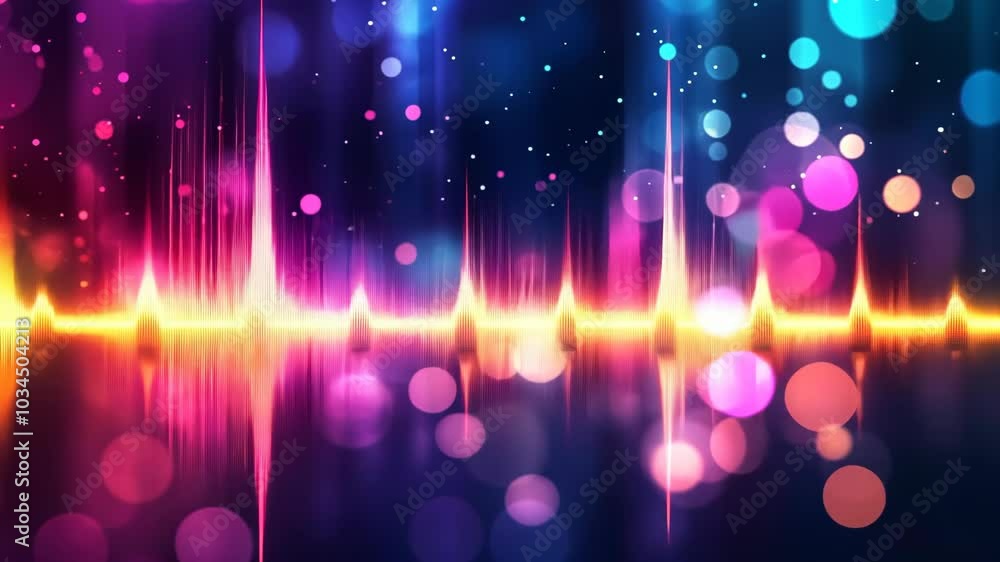 Poster a vibrant sound wave with a glowing yellow center is displayed against a dark background of colorful