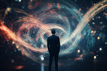 A business professional stands confidently amidst swirling holographic global data flows on a sleek black background. The scene represents their role in navigating the complexities of international
