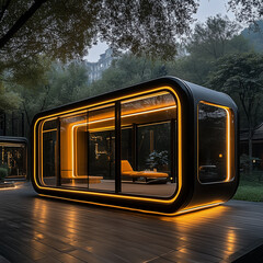 a futuristic mobile home, characterized by its sleek, glossy black exterior and extensive, rounded windows that create a modern, capsule-like appearance