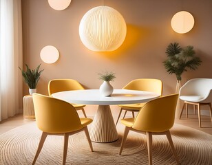 chairs arranged around a round table in a minimalist setting lit by two light yellow and white pendant lights the beige background has large circle patterns adding a calming rhythm to the scene