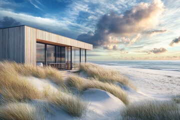 A beautifully designed wooden house overlooks a serene beach, with soft sand dunes leading to the shoreline. The ocean sparkles under the sunlight, creating a perfect harmony between modern